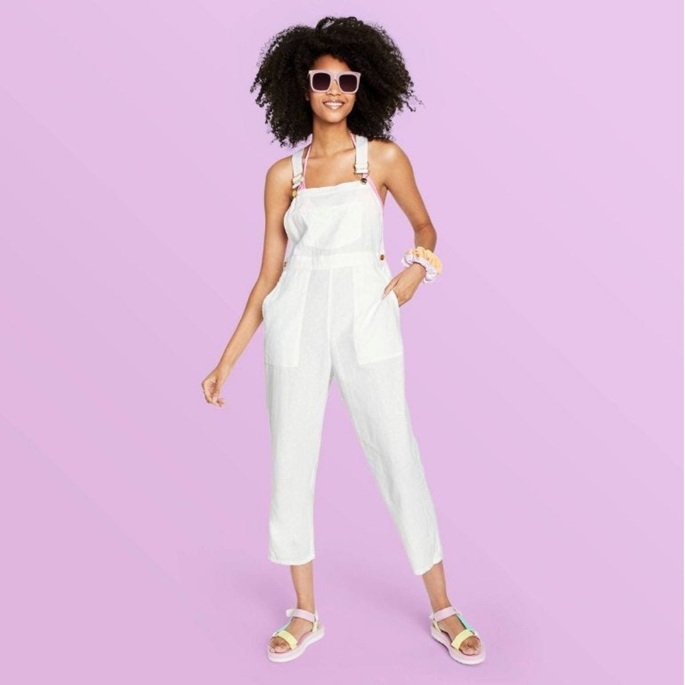 RARE Stoney Clover + Target Collab // White Linen Overalls with gold hardware.